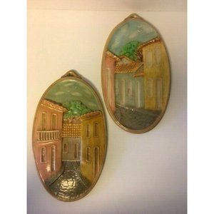 Mexican Town Chalkware Oval Wall Plaques